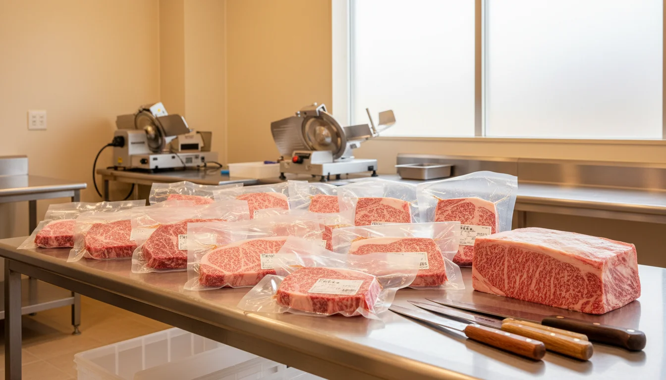 食肉加工用の作業台に並べられた牛肉の部分肉