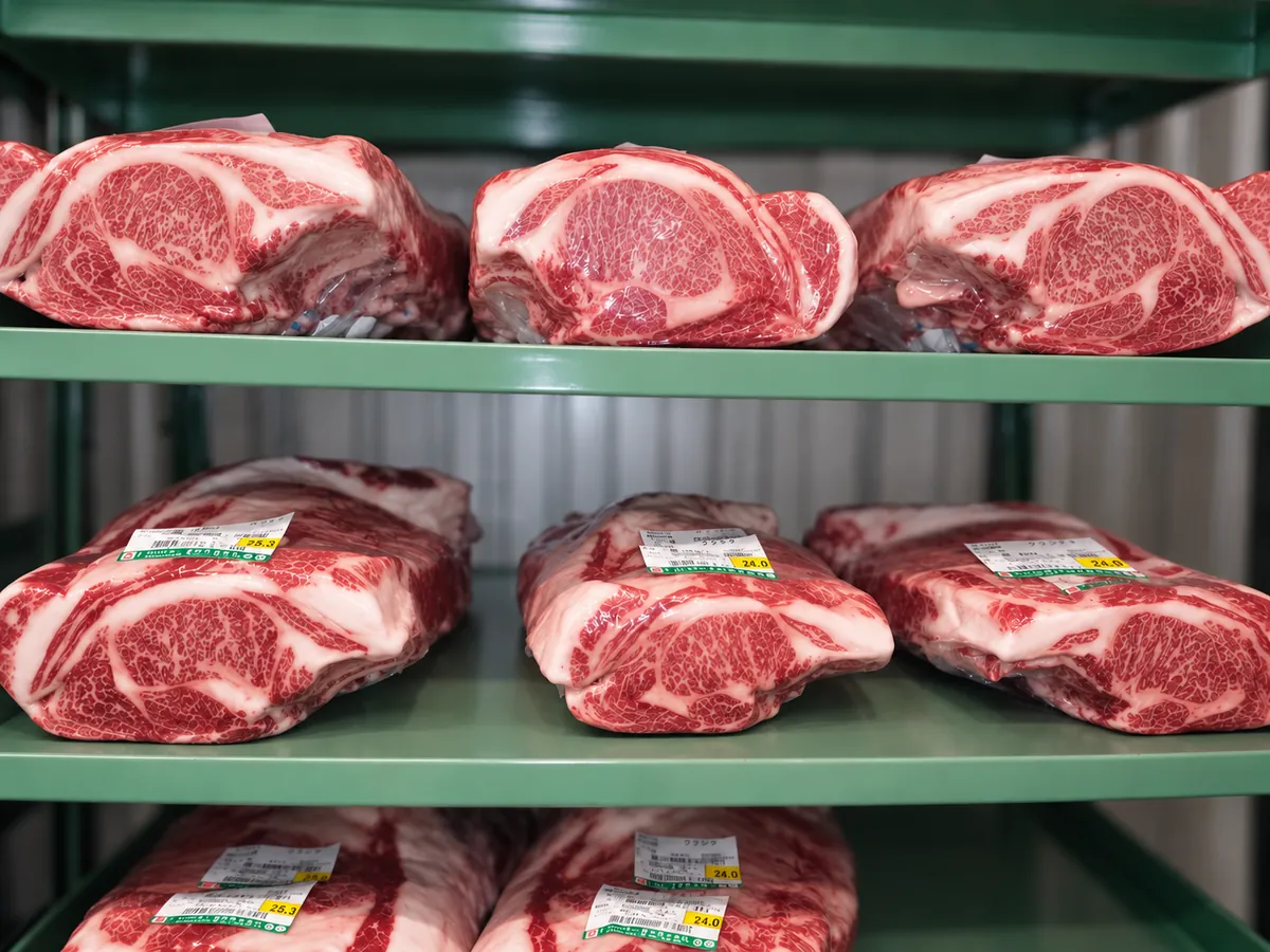 冷蔵庫の棚に並ぶ真空パックした牛肉ブロック