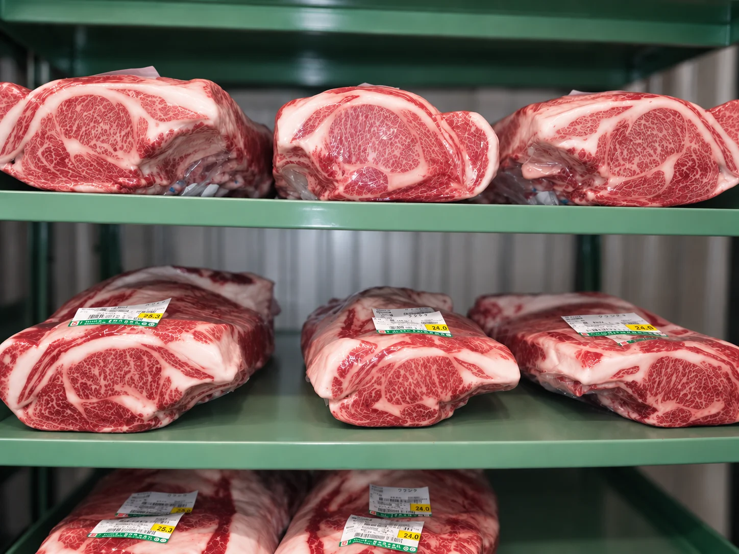 冷蔵庫の棚に並べられた霜降りの牛肉塊